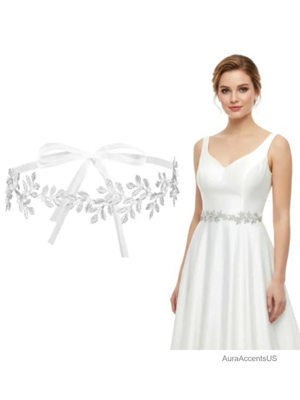 Silver Leaf Pearl Bridal Belt with Organza - Adjustable Wedding Sash